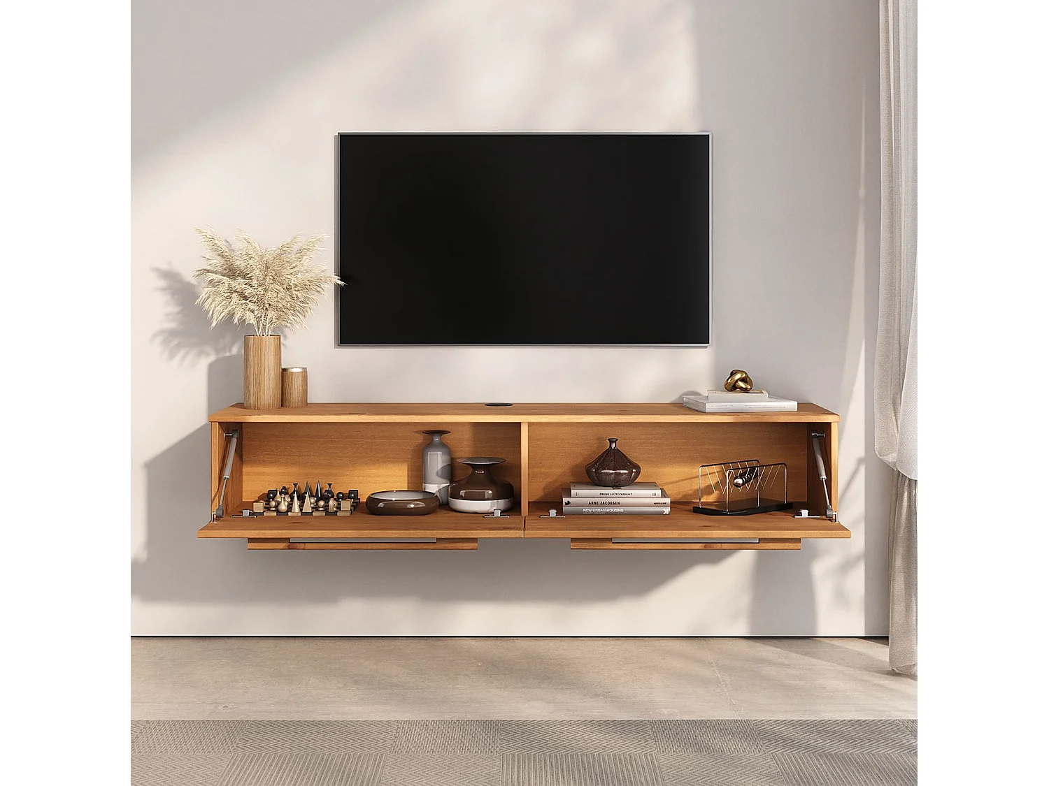 Meuble TV Suspendu TECCA L 145 cm en Bois Massif Coloris Chêne avec 2 Portes, Meuble Télé Mural Design Moderne
