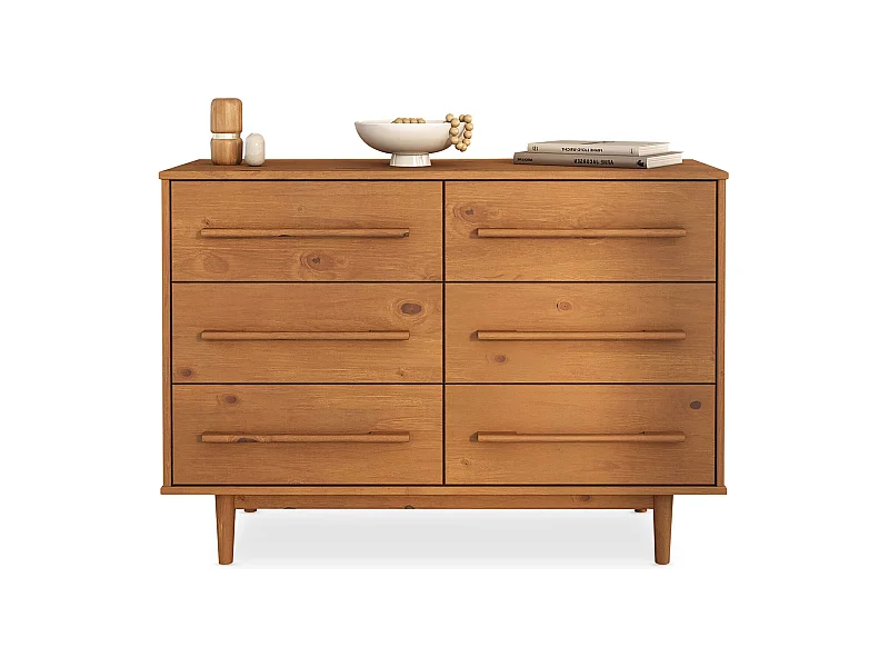 Commode TECCA L 111 cm avec 6 Tiroirs en Bois Massif Coloris Chêne, Meuble de Rangement pour Vêtements Design Scandinave
