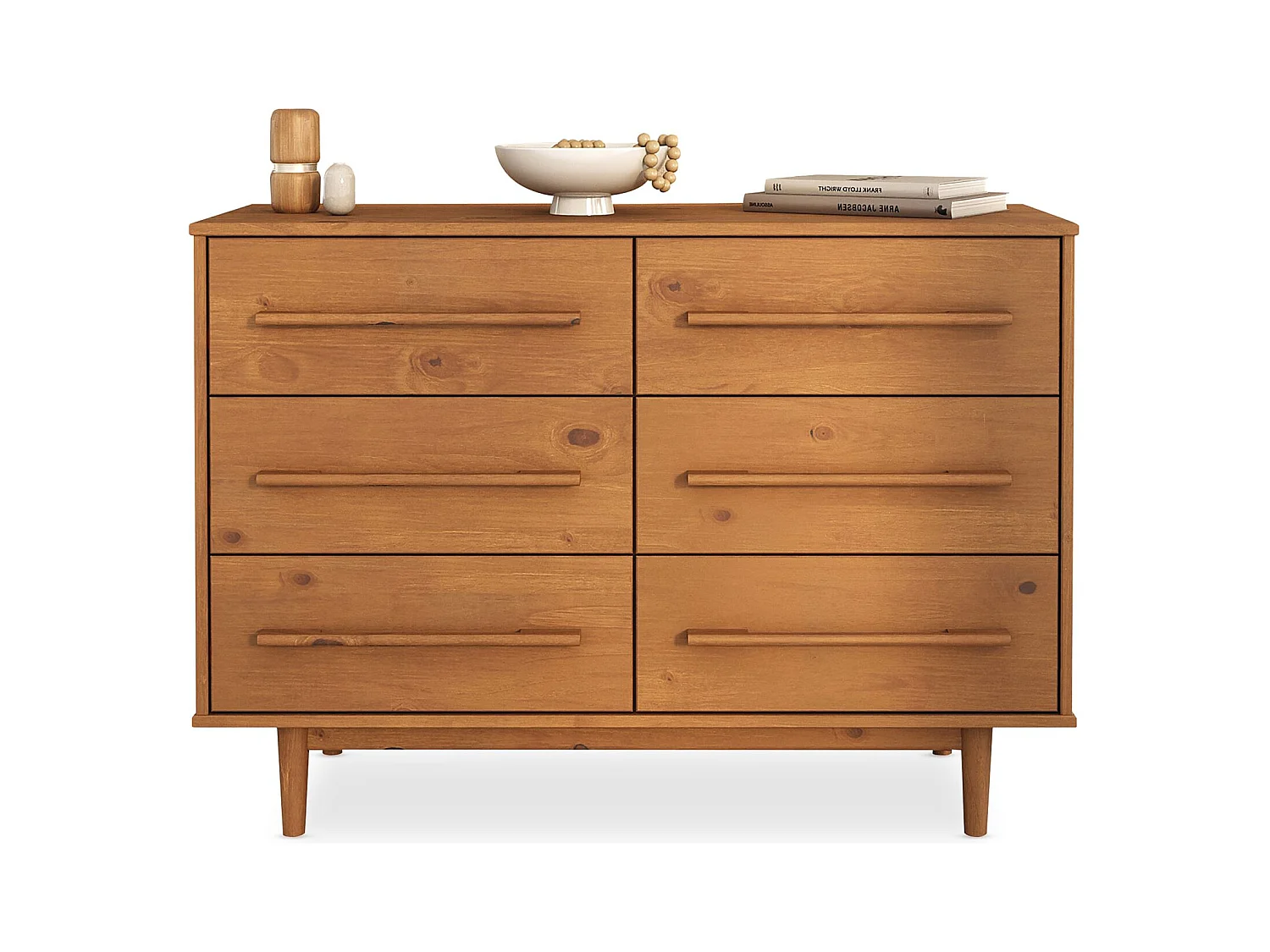 Commode TECCA L 111 cm avec 6 Tiroirs en Bois Massif Coloris Chêne, Meuble de Rangement pour Vêtements Design Scandinave