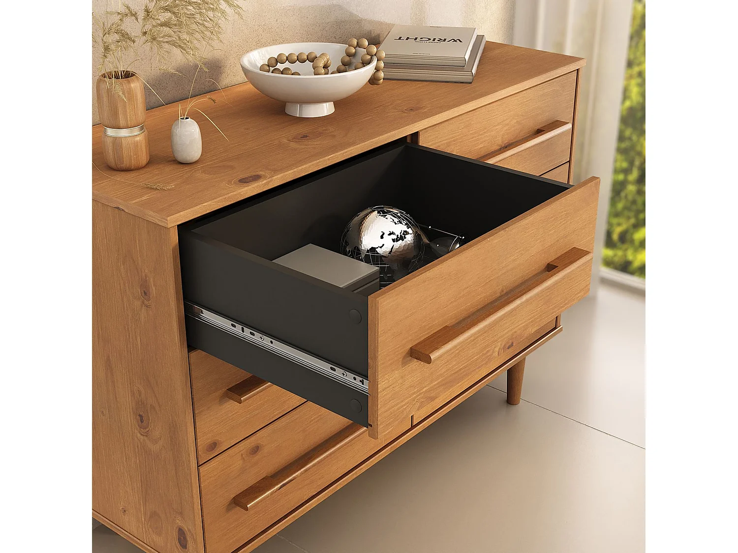 Commode TECCA L 111 cm avec 6 Tiroirs en Bois Massif Coloris Chêne, Meuble de Rangement pour Vêtements Design Scandinave