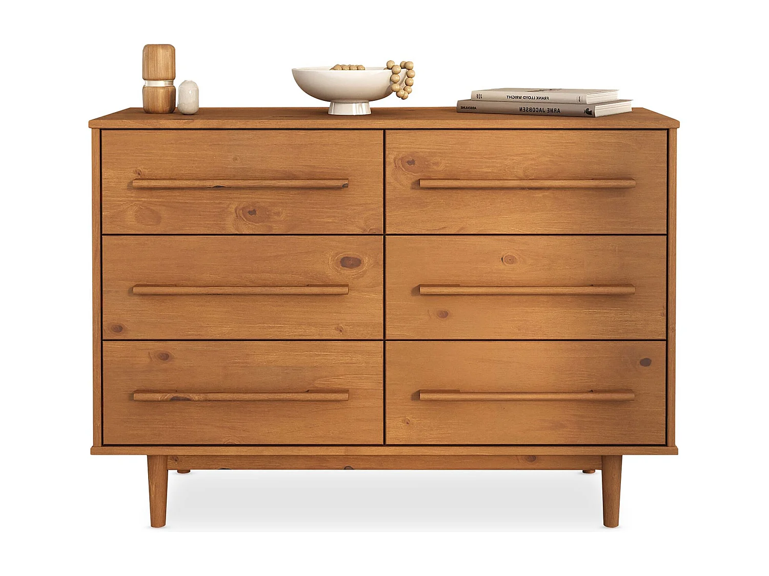 Commode TECCA L 111 cm avec 6 Tiroirs en Bois Massif Coloris Chêne, Meuble de Rangement pour Vêtements Design Scandinave