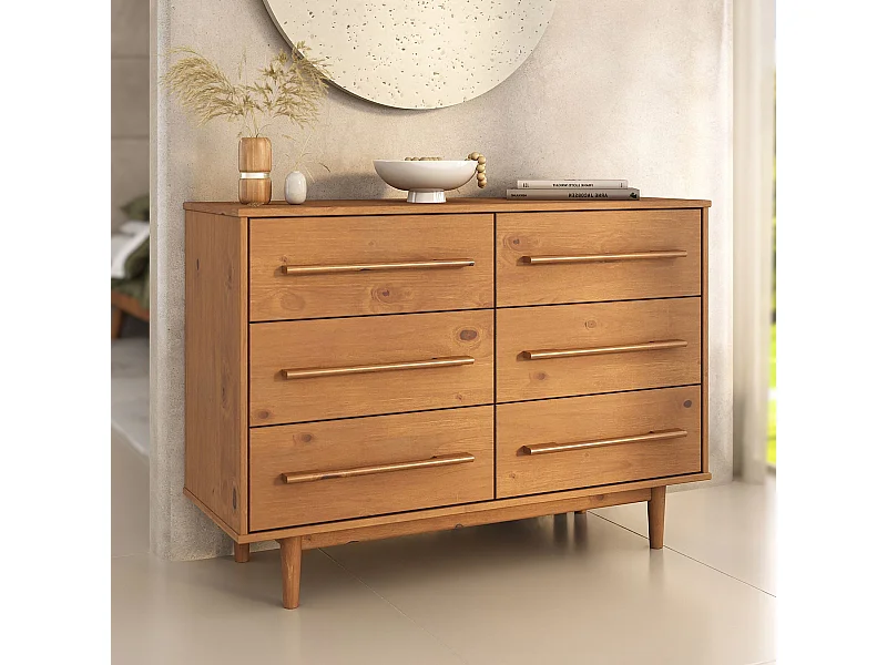 Commode TECCA L 111 cm avec 6 Tiroirs en Bois Massif Coloris Chêne, Meuble de Rangement pour Vêtements Design Scandinave