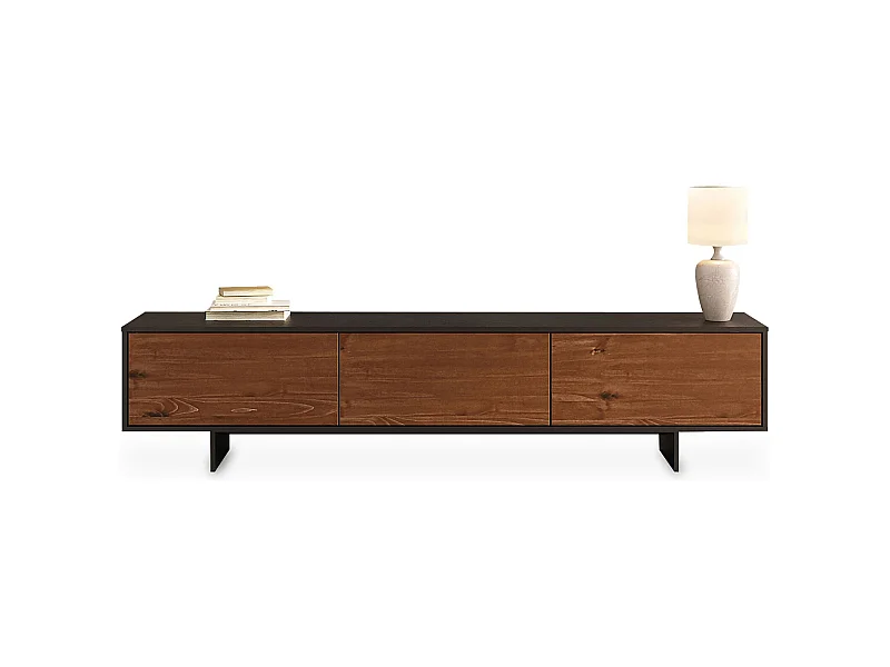 Meuble TV ARTO L 184 cm avec 3 Portes en Bois Couleur Noir et Châtaignier, Pour Téléviseur de 32 à 80 Pouces