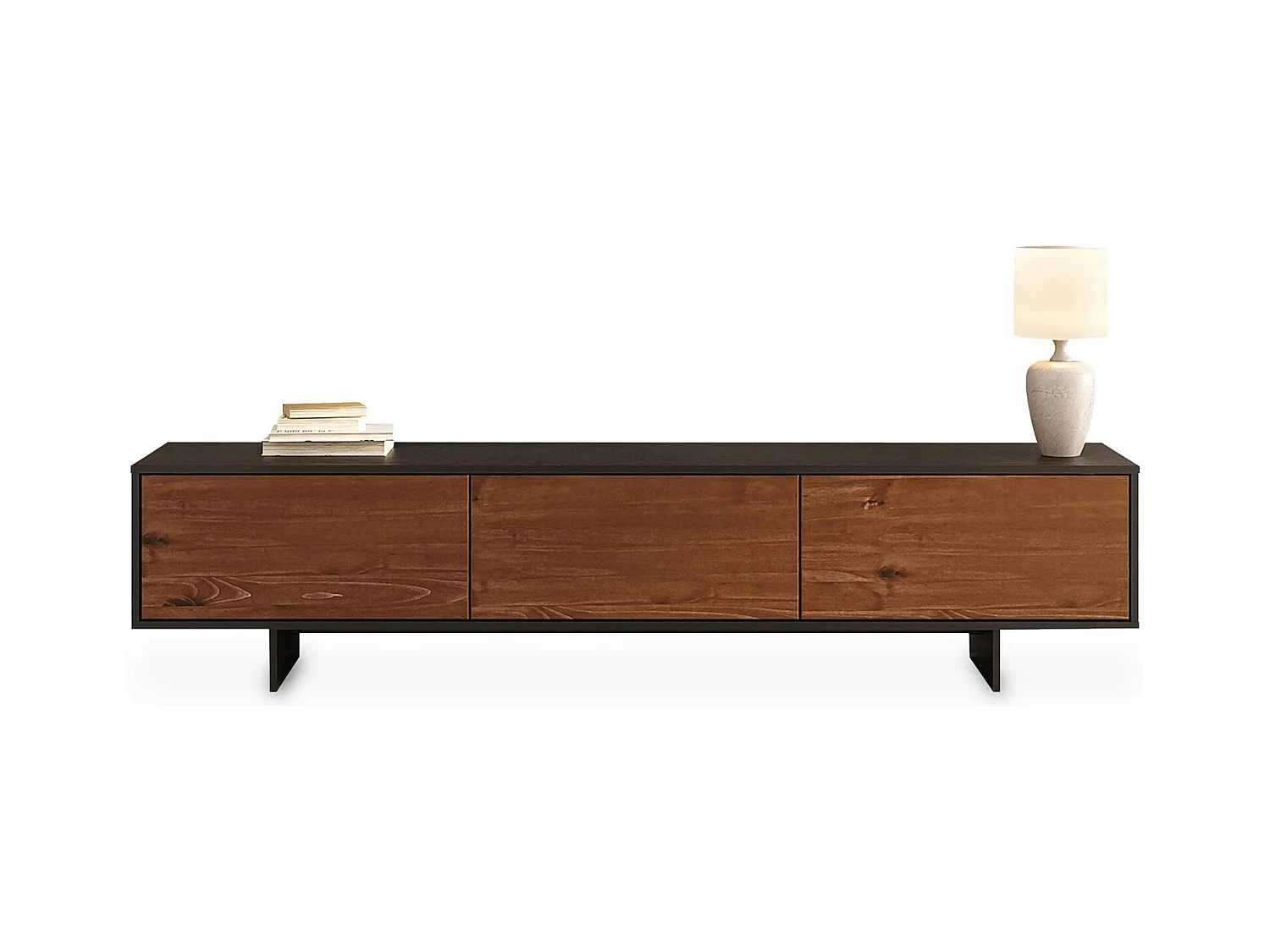 Meuble TV ARTO L 184 cm avec 3 Portes en Bois Couleur Noir et Châtaignier, Pour Téléviseur de 32 à 80 Pouces