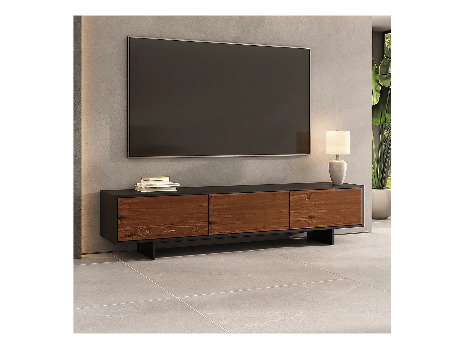 Meuble TV ARTO L 184 cm avec 3 Portes en Bois Couleur Noir et Châtaignier, Pour Téléviseur de 32 à 80 Pouces