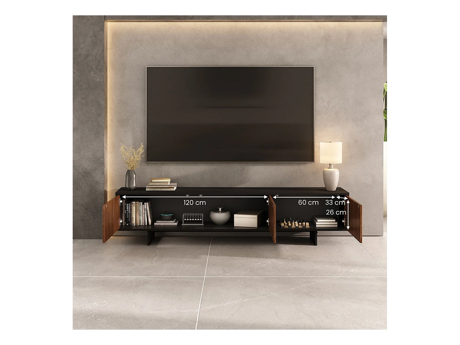 Meuble TV ARTO L 184 cm avec 3 Portes en Bois Couleur Noir et Châtaignier, Pour Téléviseur de 32 à 80 Pouces
