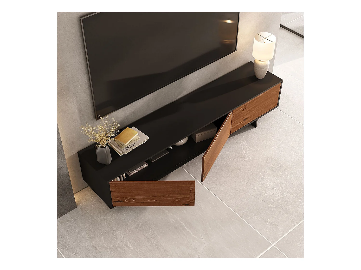 Meuble TV ARTO L 184 cm avec 3 Portes en Bois Couleur Noir et Châtaignier, Pour Téléviseur de 32 à 80 Pouces