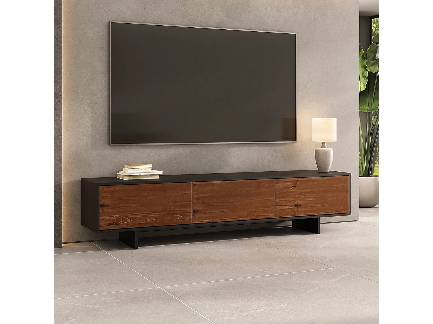 Meuble TV ARTO L 184 cm avec 3 Portes en Bois Couleur Noir et Châtaignier, Pour Téléviseur de 32 à 80 Pouces