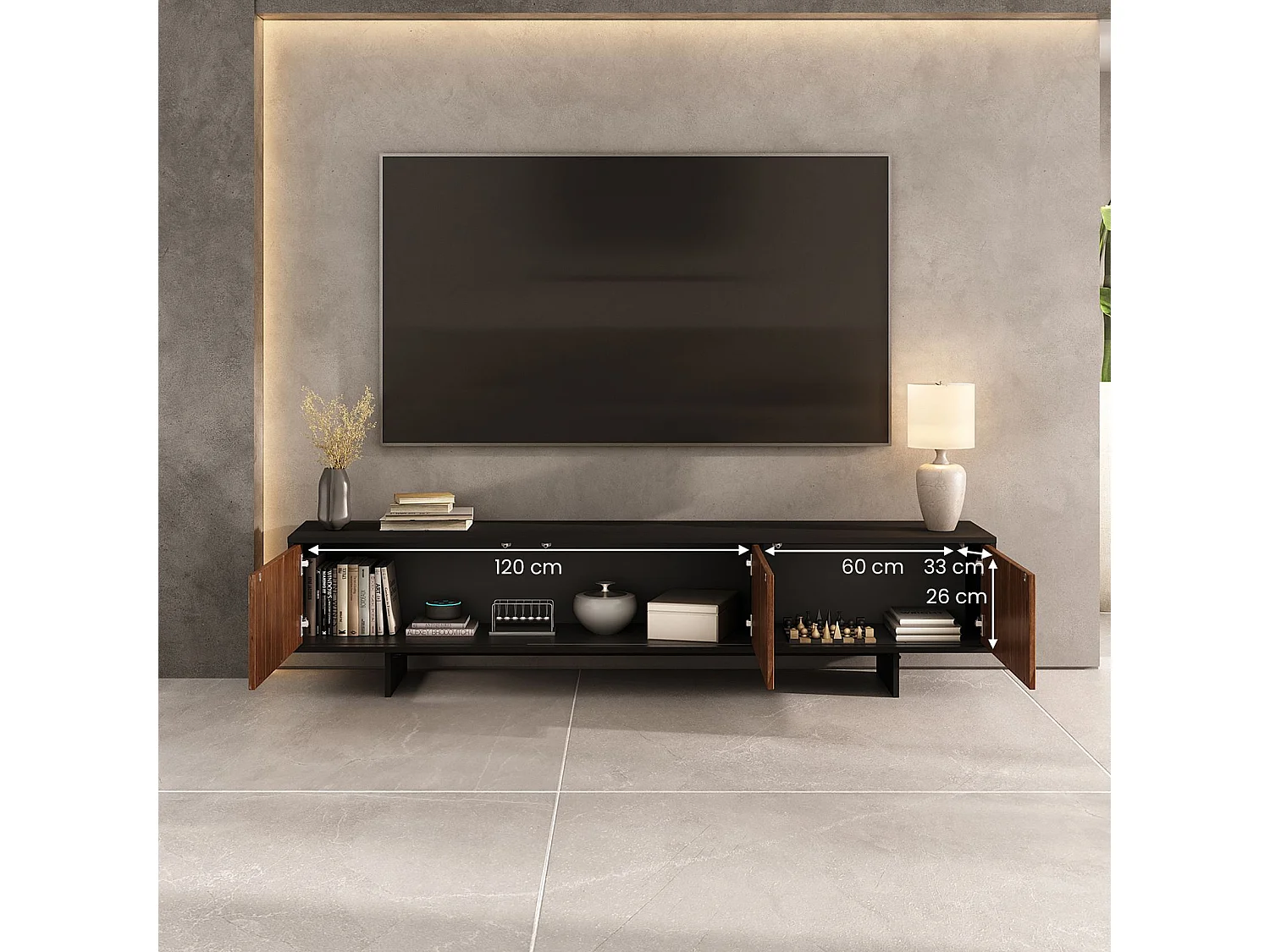 Meuble TV ARTO L 184 cm avec 3 Portes en Bois Couleur Noir et Châtaignier, Pour Téléviseur de 32 à 80 Pouces