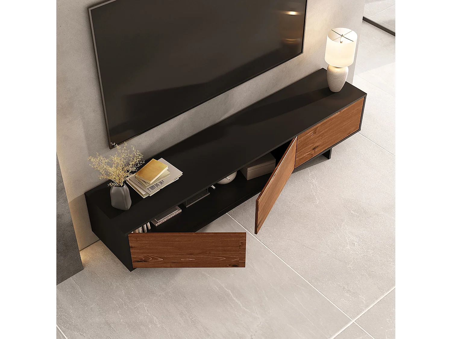 Meuble TV ARTO L 184 cm avec 3 Portes en Bois Couleur Noir et Châtaignier, Pour Téléviseur de 32 à 80 Pouces