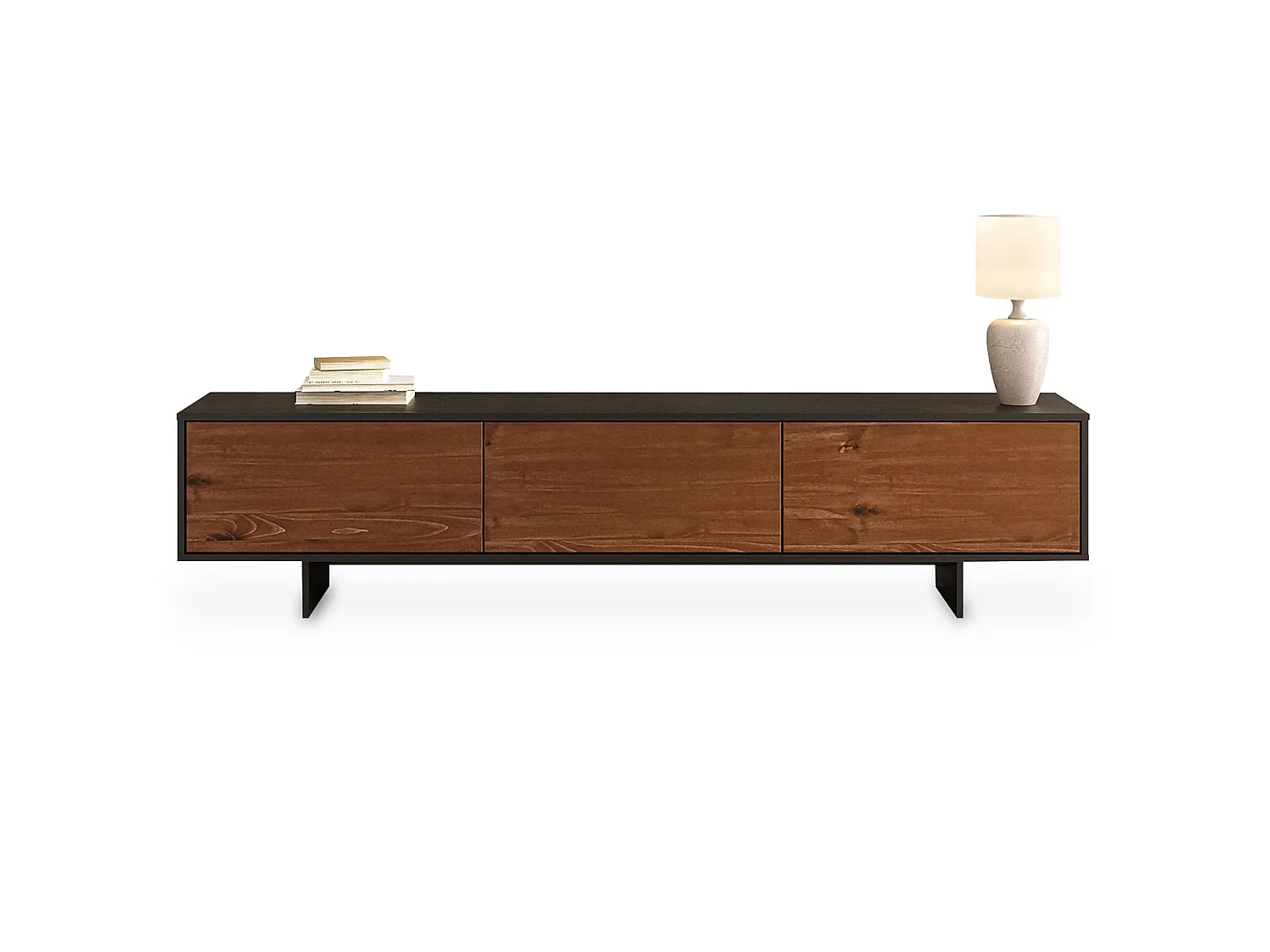 Meuble TV ARTO L 184 cm avec 3 Portes en Bois Couleur Noir et Châtaignier, Pour Téléviseur de 32 à 80 Pouces