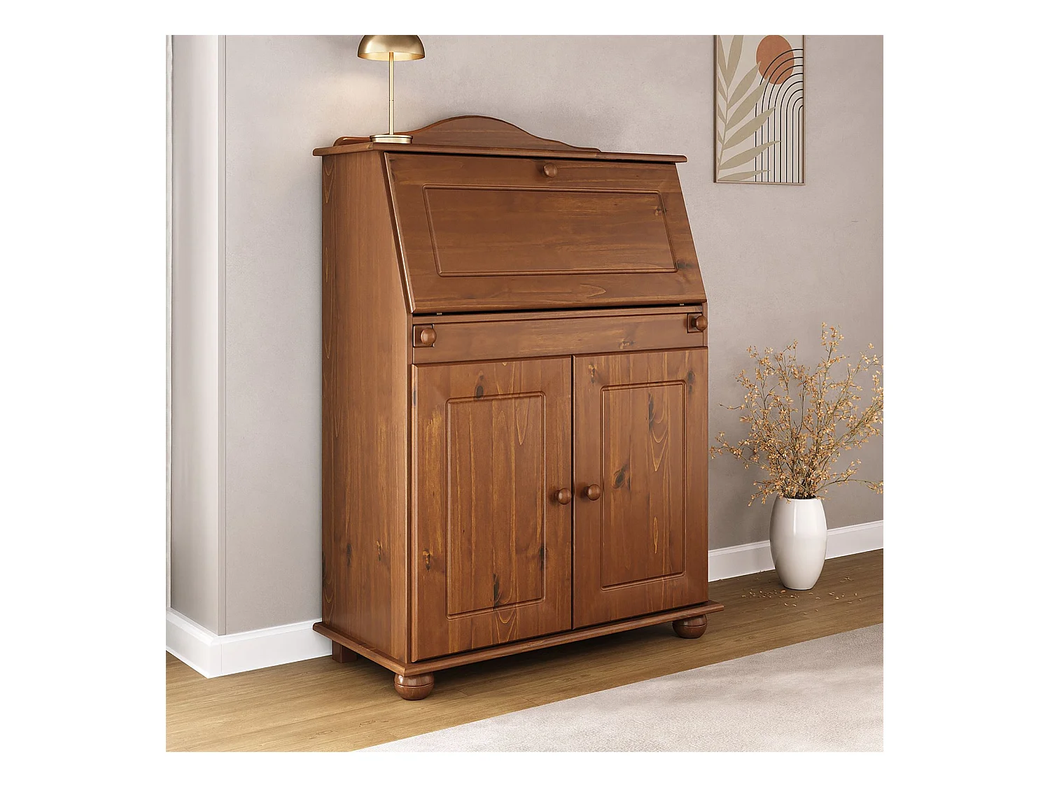 Bureau secrétaire DAVID avec abattant rangement plusieurs étagères 2 portes, en pin massif brun foncé