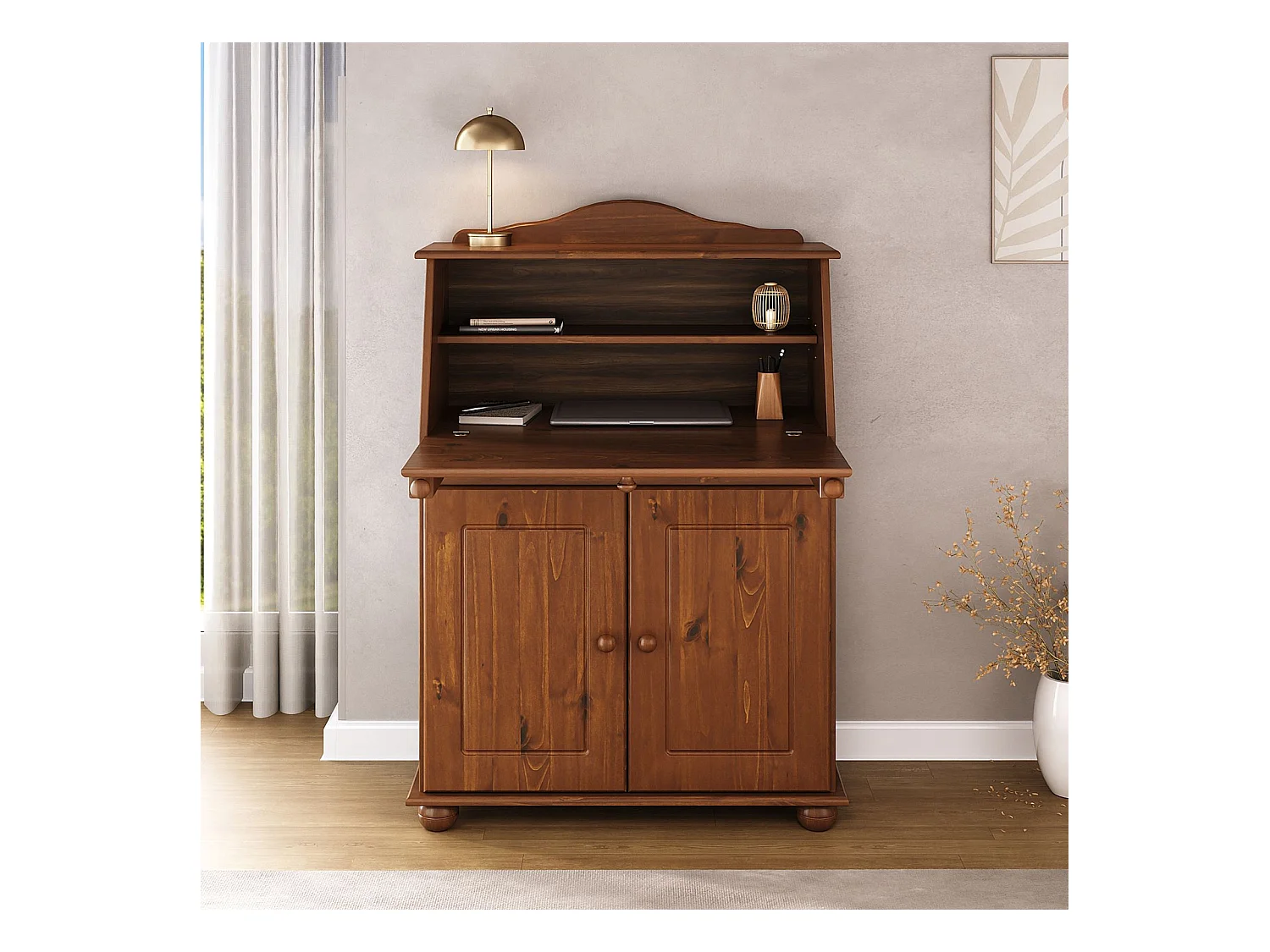 Bureau secrétaire DAVID avec abattant rangement plusieurs étagères 2 portes, en pin massif brun foncé