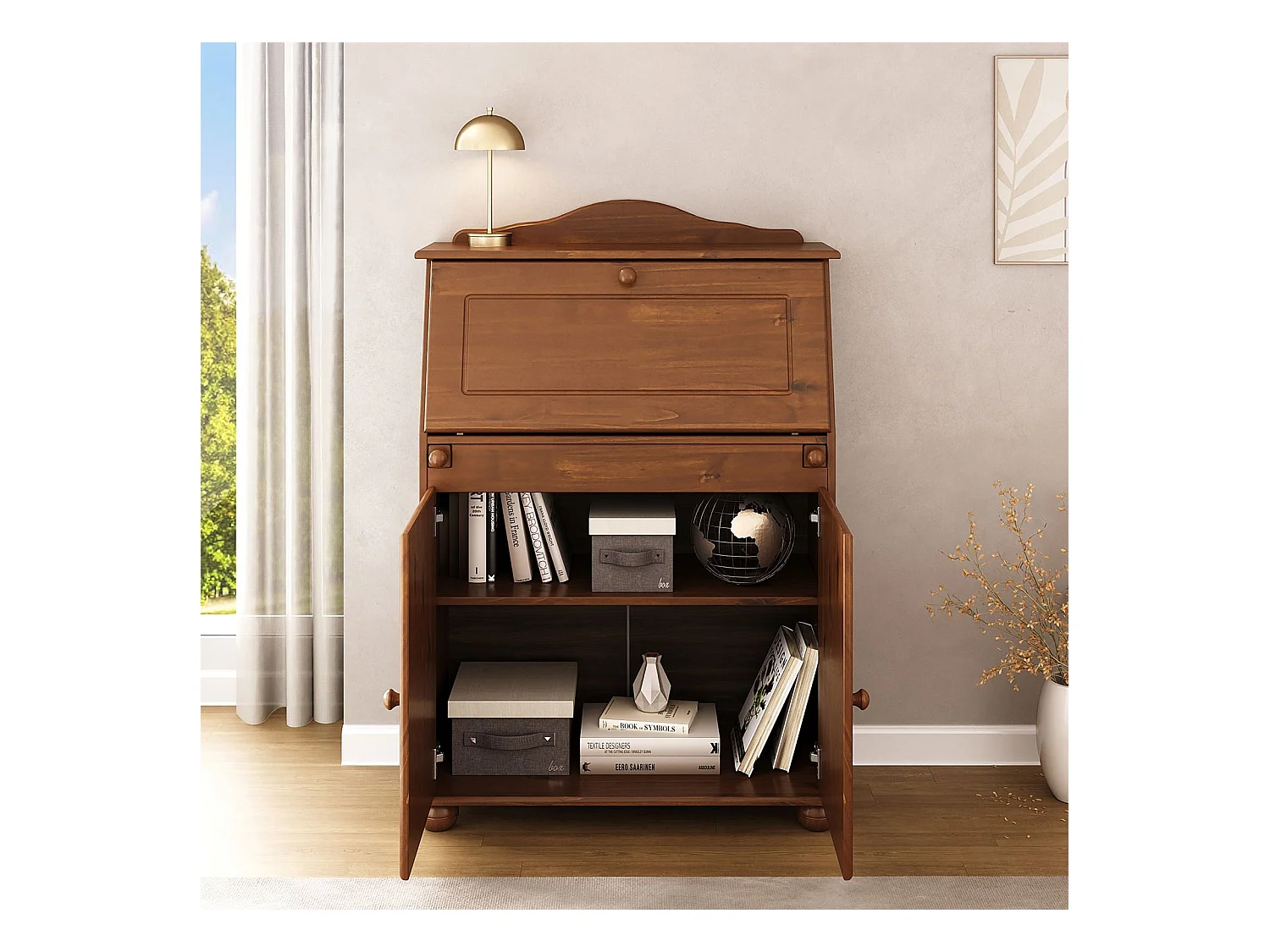 Bureau secrétaire DAVID avec abattant rangement plusieurs étagères 2 portes, en pin massif brun foncé