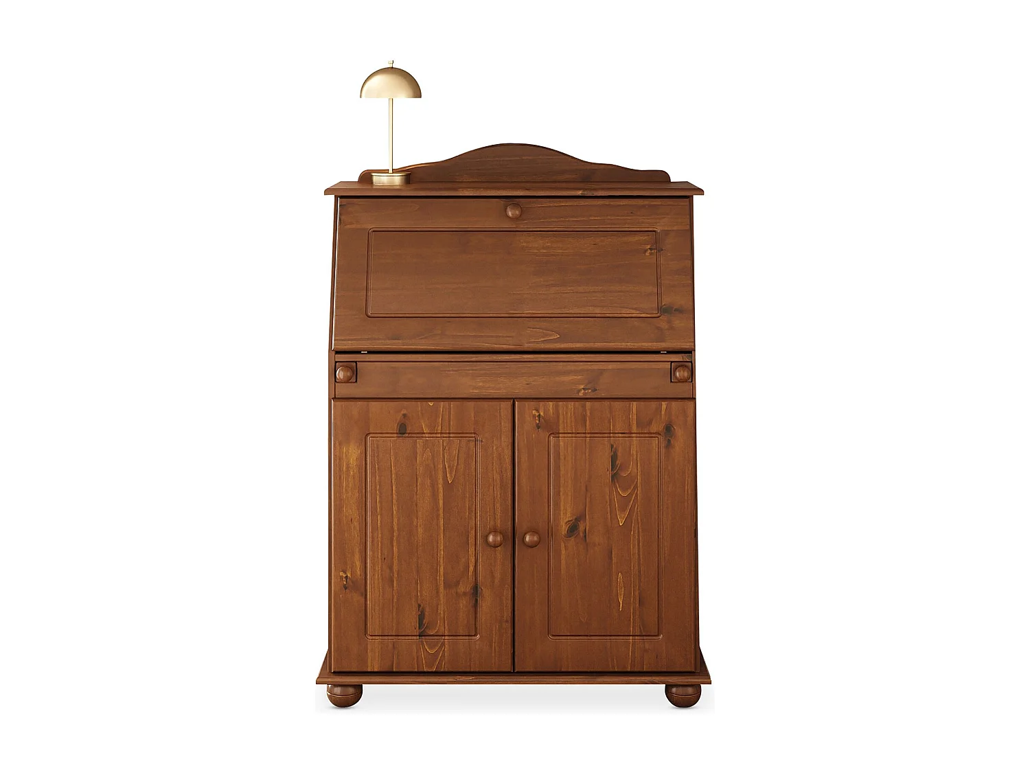 Bureau secrétaire DAVID avec abattant rangement plusieurs étagères 2 portes, en pin massif brun foncé