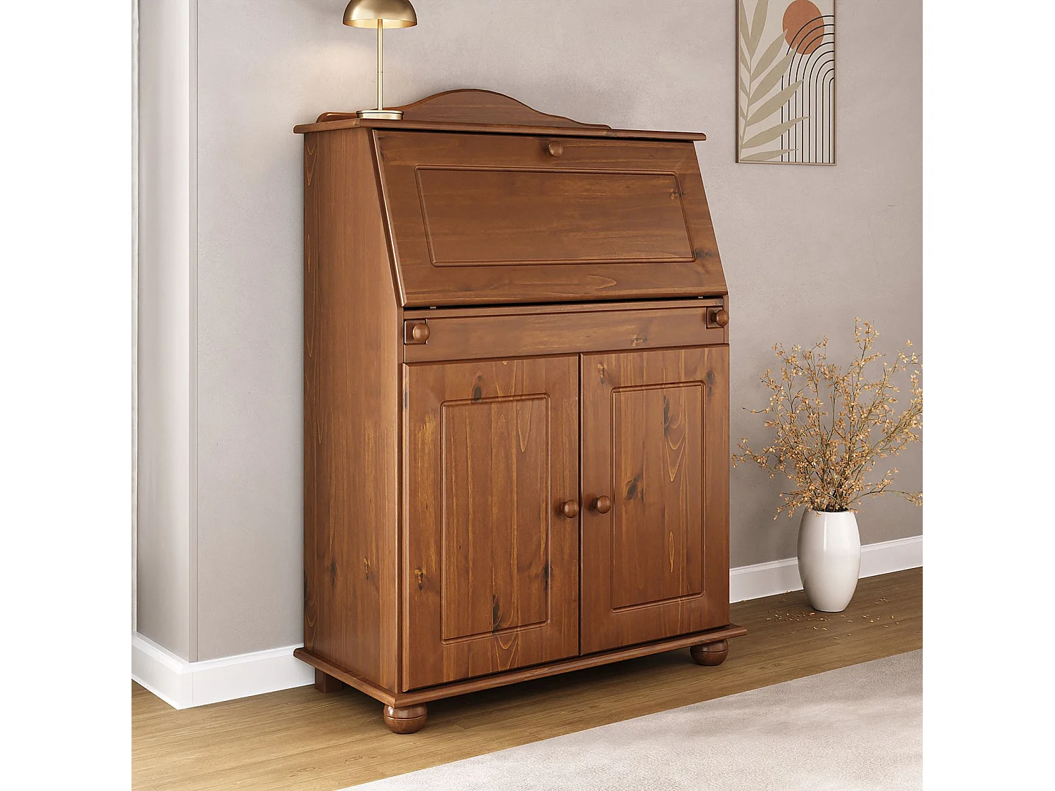 Bureau secrétaire DAVID avec abattant rangement plusieurs étagères 2 portes, en pin massif brun foncé