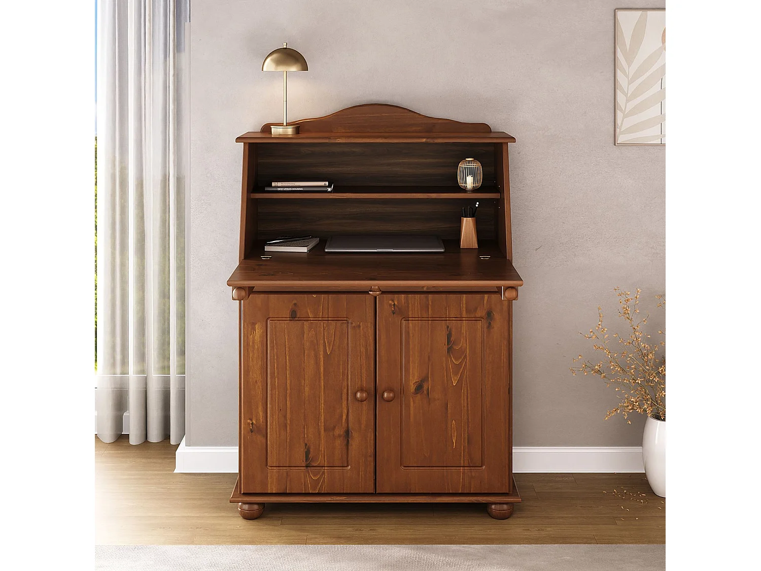 Bureau secrétaire DAVID avec abattant rangement plusieurs étagères 2 portes, en pin massif brun foncé