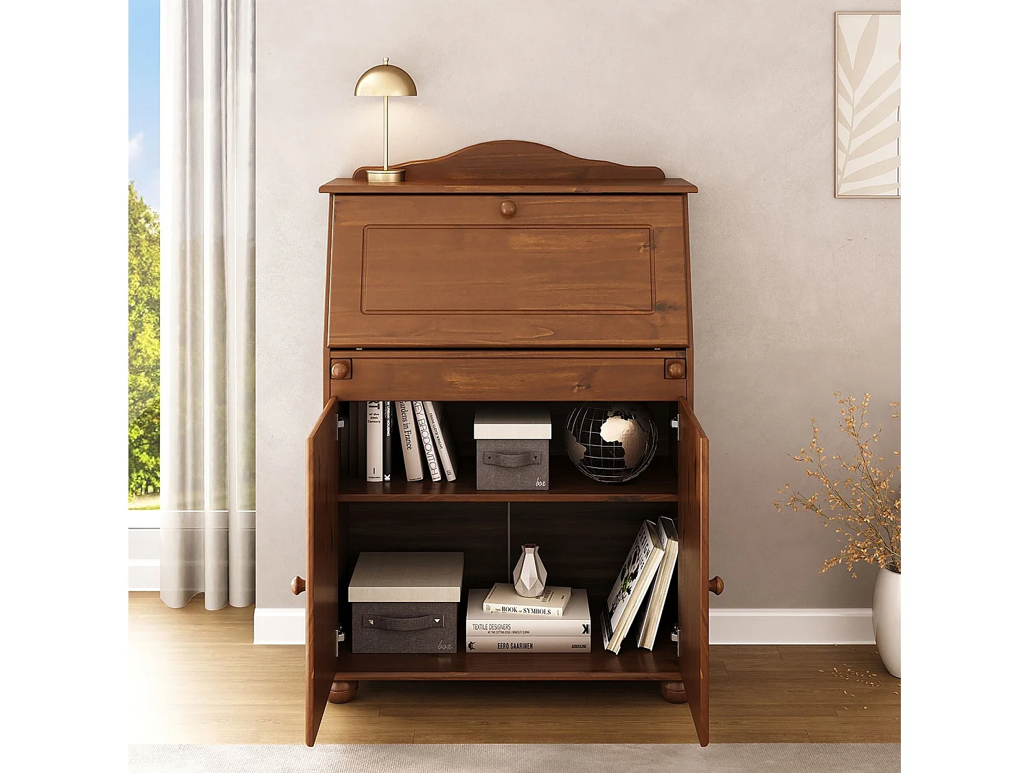 Bureau secrétaire DAVID avec abattant rangement plusieurs étagères 2 portes, en pin massif brun foncé