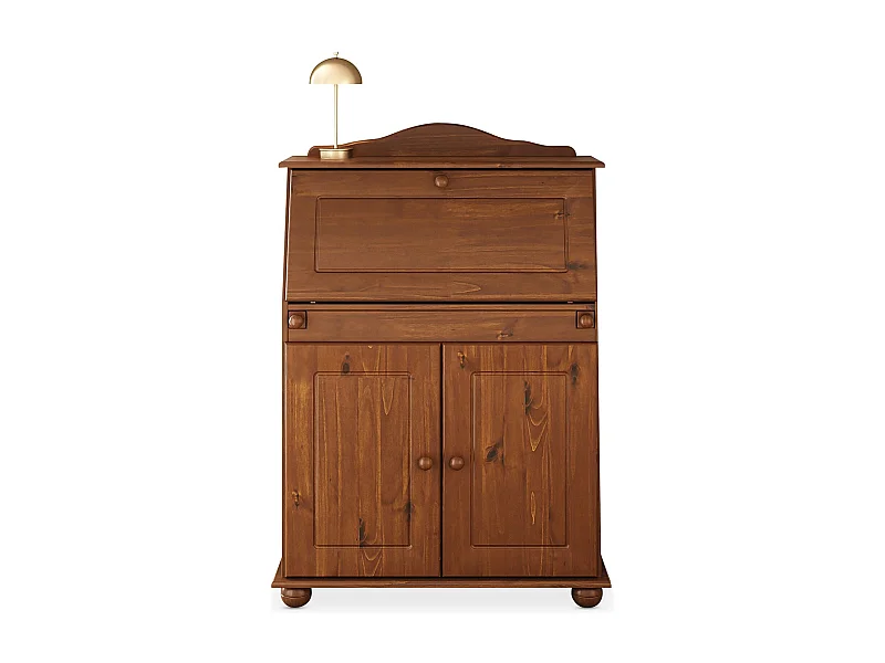 Bureau secrétaire DAVID avec abattant rangement plusieurs étagères 2 portes, en pin massif brun foncé