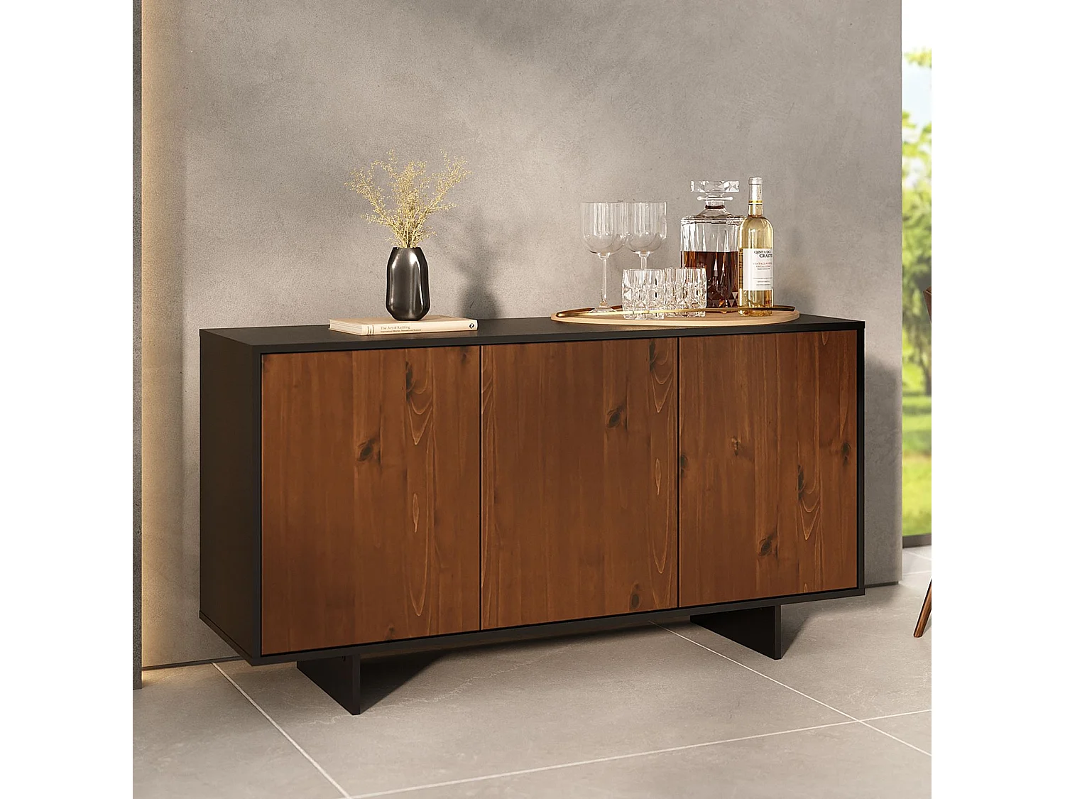 Buffet ARTO L 137 cm 3 Portes en Bois Massif Coloris Châtaignier avec Étagères Réglables, Deux compartiments Sans Poignées