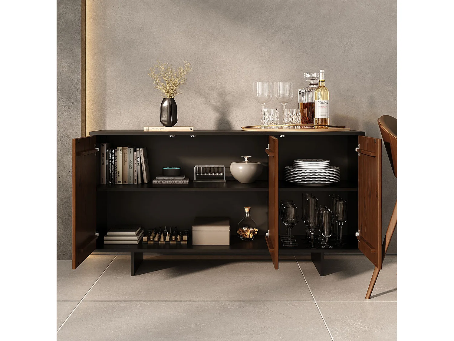 Buffet ARTO L 137 cm 3 Portes en Bois Massif Coloris Châtaignier avec Étagères Réglables, Deux compartiments Sans Poignées