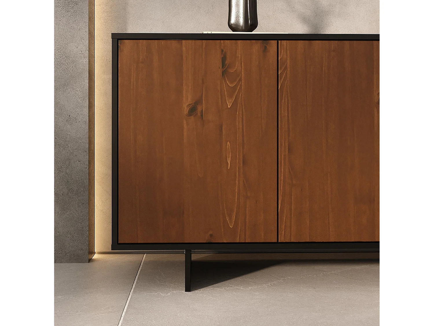 Buffet ARTO L 137 cm 3 Portes en Bois Massif Coloris Châtaignier avec Étagères Réglables, Deux compartiments Sans Poignées