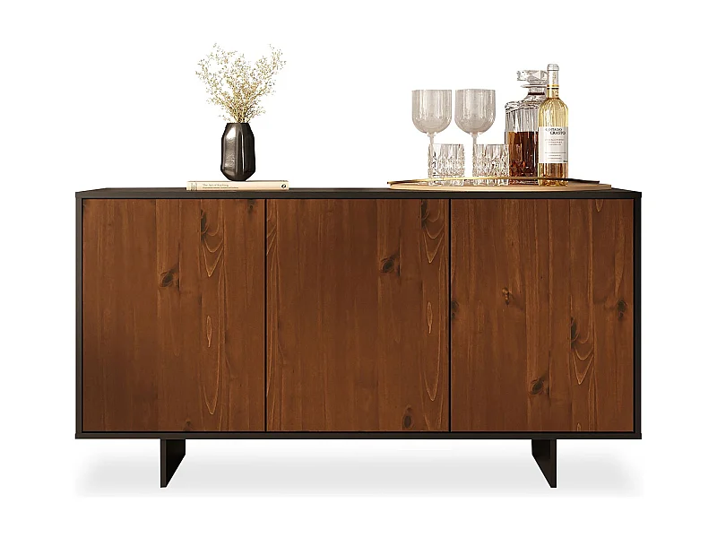Buffet ARTO L 137 cm 3 Portes en Bois Massif Coloris Châtaignier avec Étagères Réglables, Deux compartiments Sans Poignées