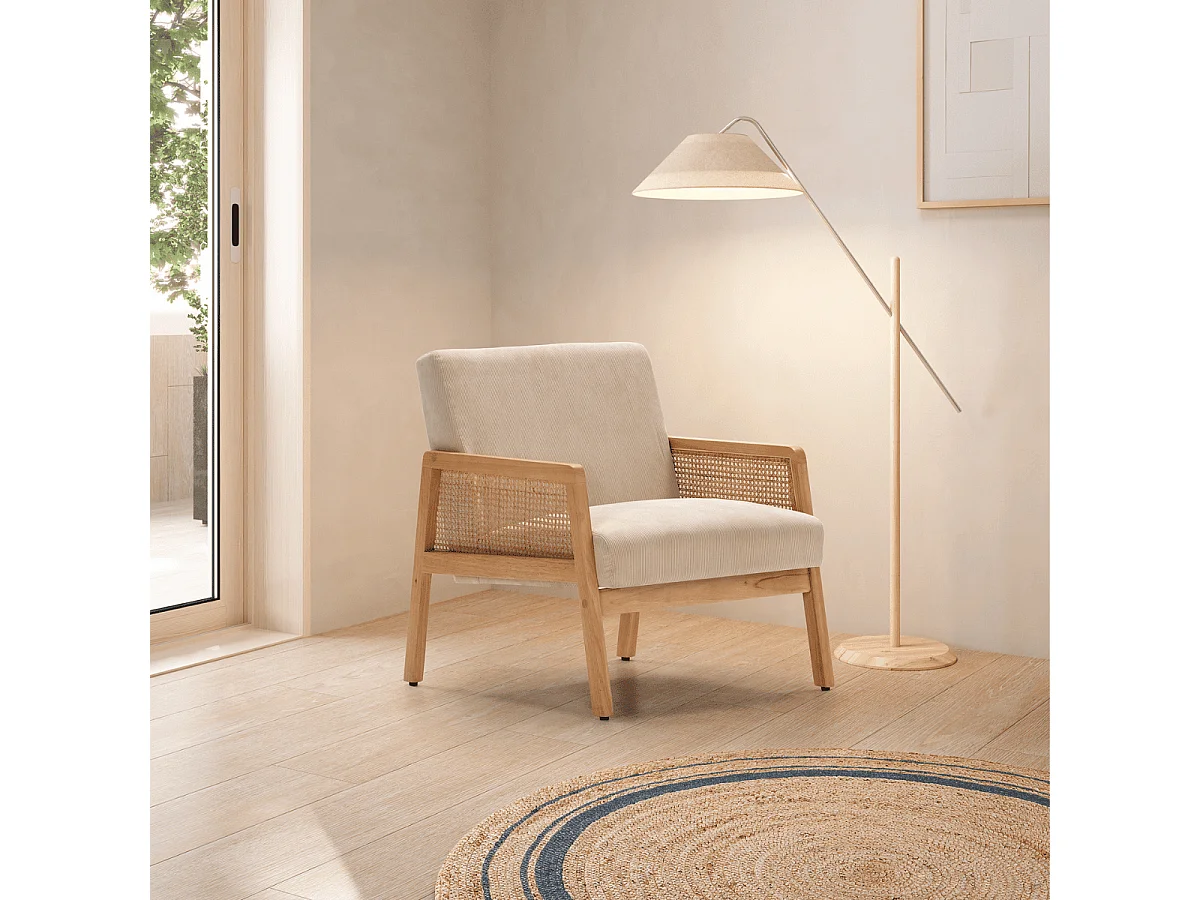 Fauteuil en tissu avec pieds en bois et rotin L68 cm - DEBRA