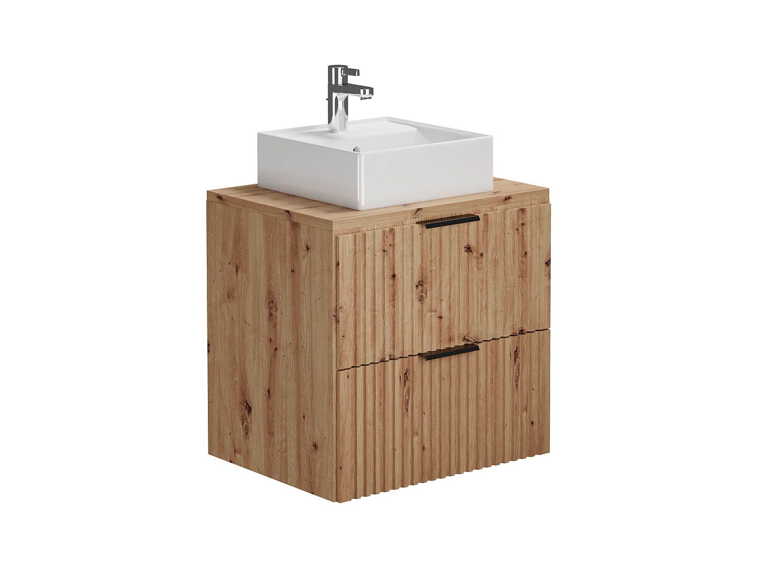 Meuble de salle de bain suspendu strié avec vasque à poser et colonne - Naturel clair - 60 cm - ZEVARA