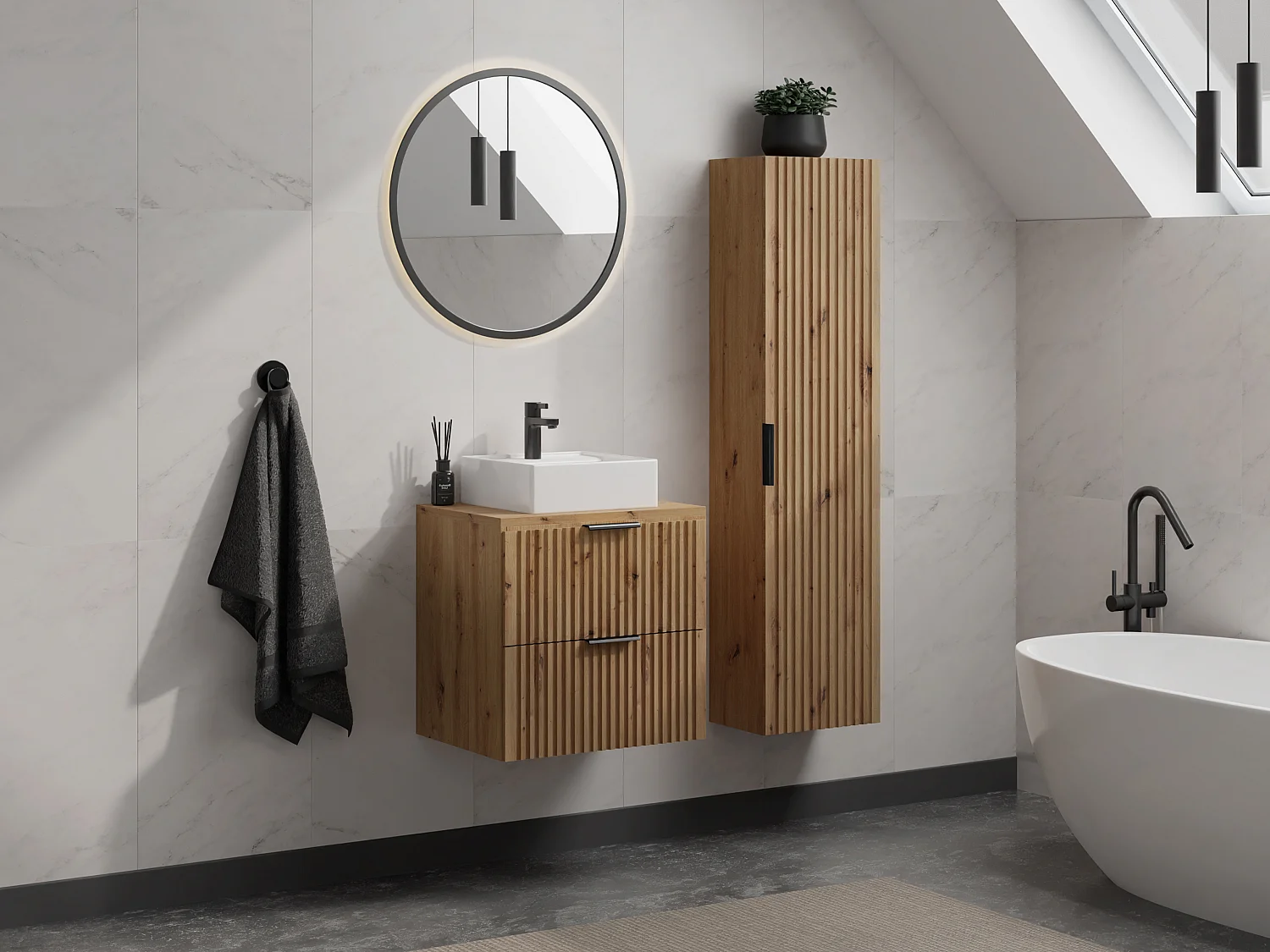 Meuble de salle de bain suspendu strié avec vasque à poser et colonne - Naturel clair - 60 cm - ZEVARA