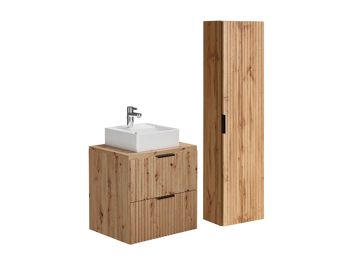 Meuble de salle de bain suspendu strié avec vasque à poser et colonne - Naturel clair - 60 cm - ZEVARA