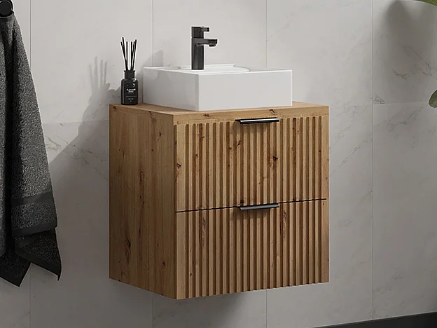 Meuble de salle de bain suspendu strié avec vasque à poser carrée - Naturel clair - L60 cm - ZEVARA