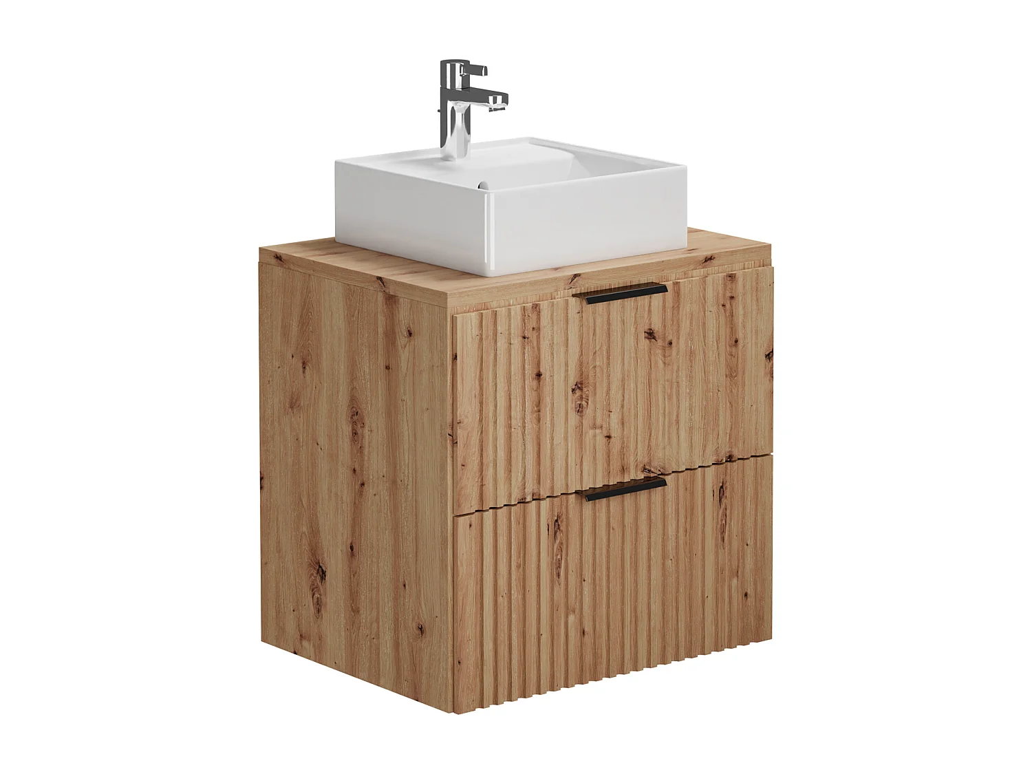 Meuble de salle de bain suspendu strié avec vasque à poser carrée - Naturel clair - L60 cm - ZEVARA