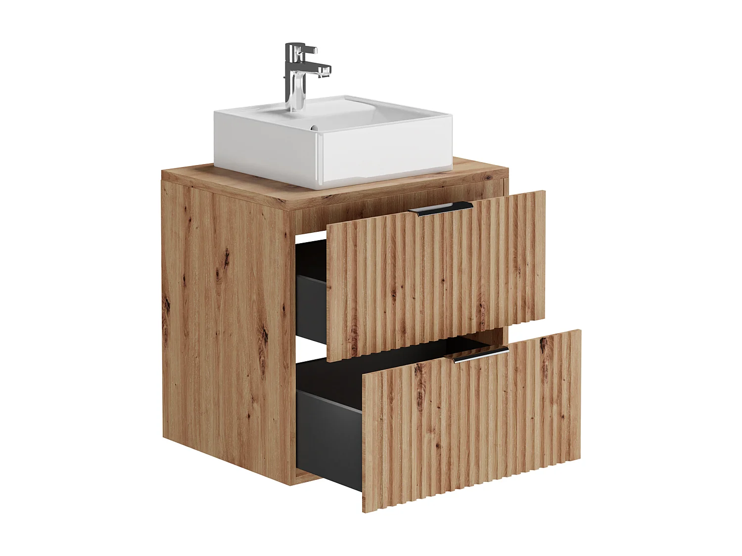 Meuble de salle de bain suspendu strié avec vasque à poser carrée - Naturel clair - L60 cm - ZEVARA