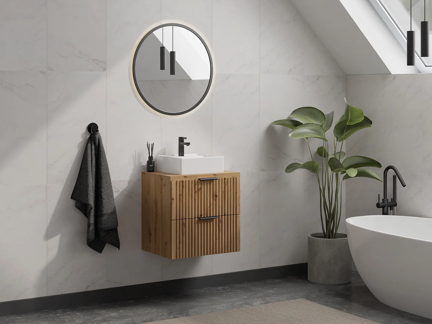 Meuble de salle de bain suspendu strié avec vasque à poser carrée - Naturel clair - L60 cm - ZEVARA