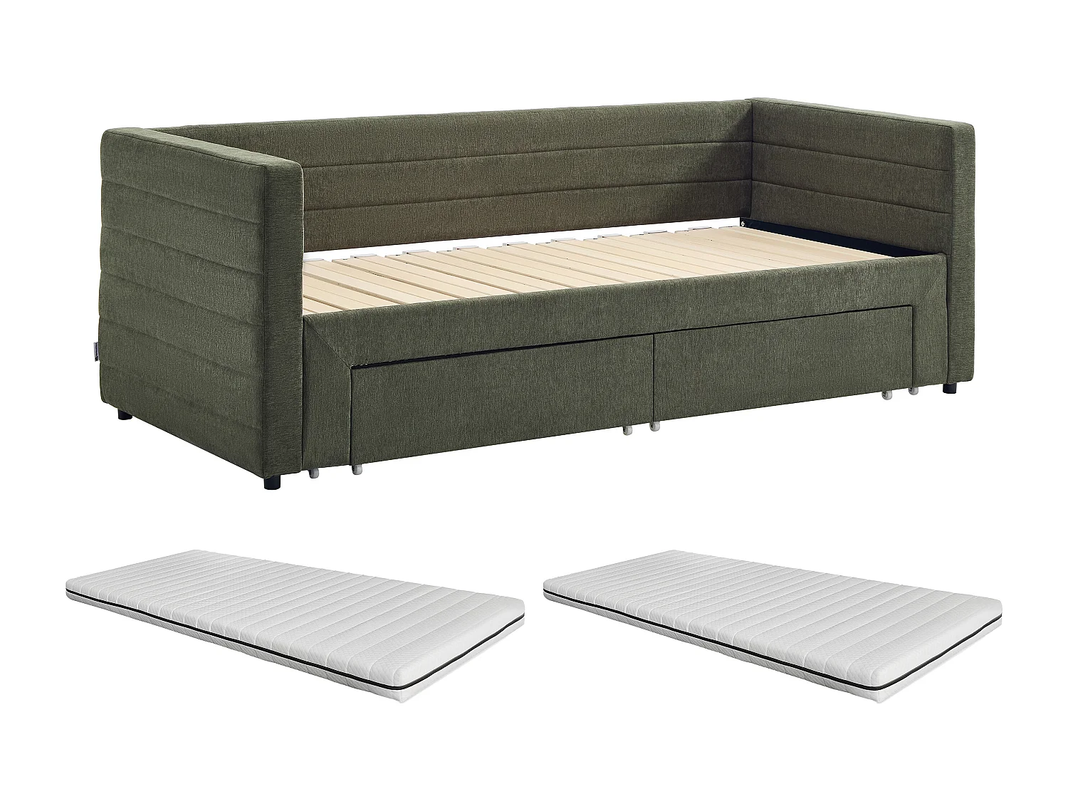 Lit banquette 2 x 80 x 200 cm - Avec sommier peigne et tiroirs - Tissu texturé - Vert  + Matelas - CAMITY