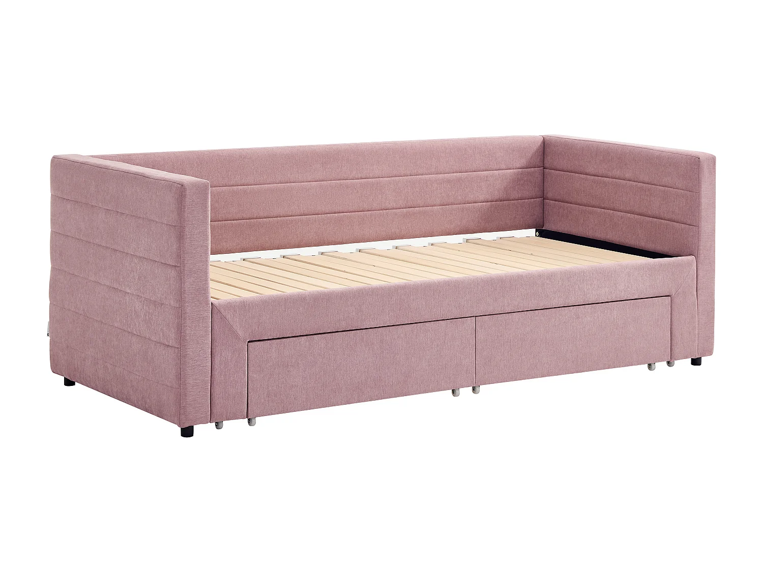 Lit banquette 2 x 80 x 200 cm - Avec sommier peigne et tiroirs - Tissu texturé - Rose + Matelas - CAMITY