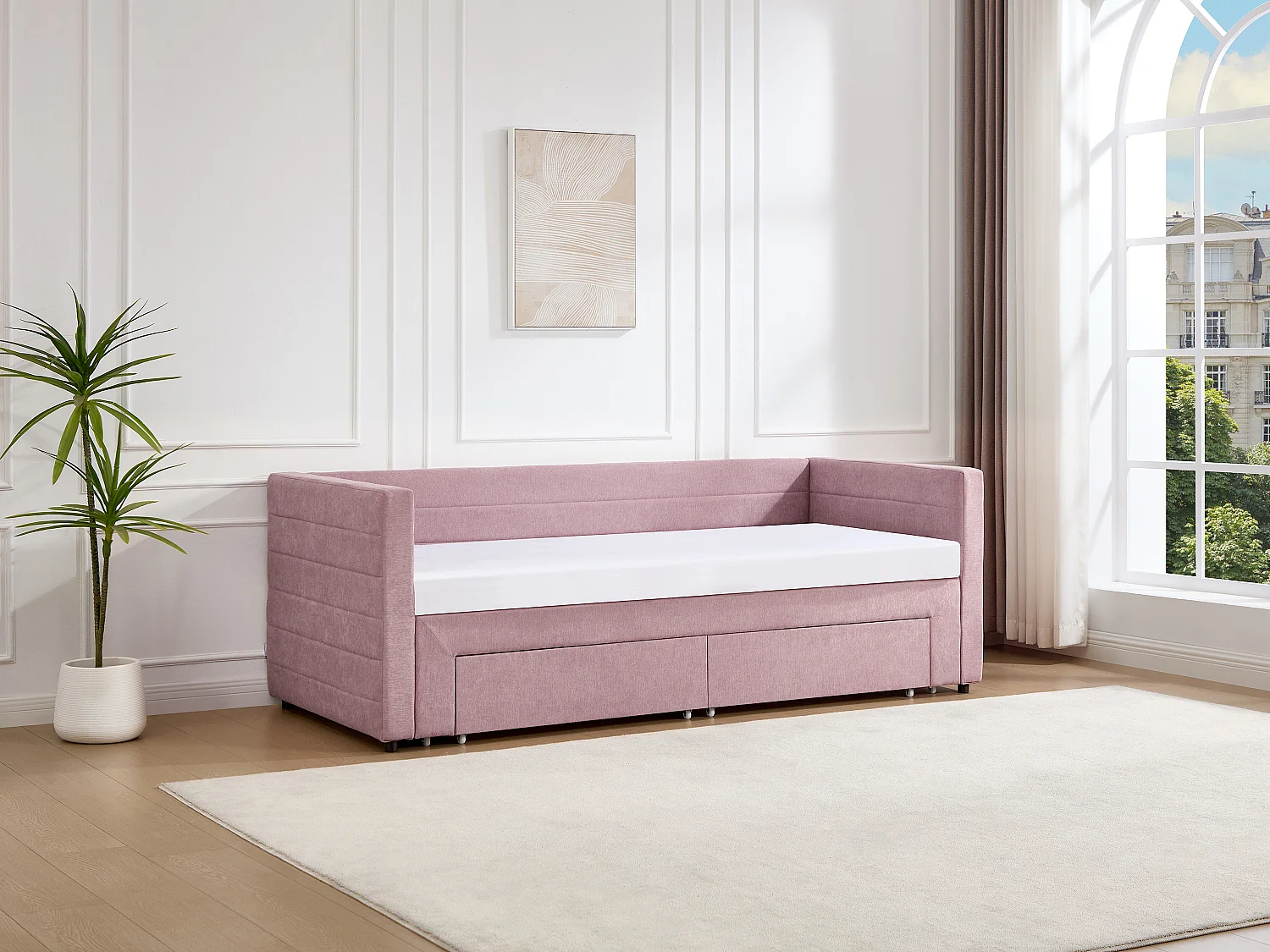 Lit banquette 2 x 80 x 200 cm - Avec sommier peigne et tiroirs - Tissu texturé - Rose + Matelas - CAMITY
