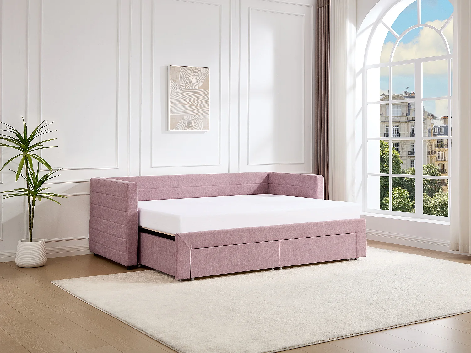 Lit banquette 2 x 80 x 200 cm - Avec sommier peigne et tiroirs - Tissu texturé - Rose + Matelas - CAMITY