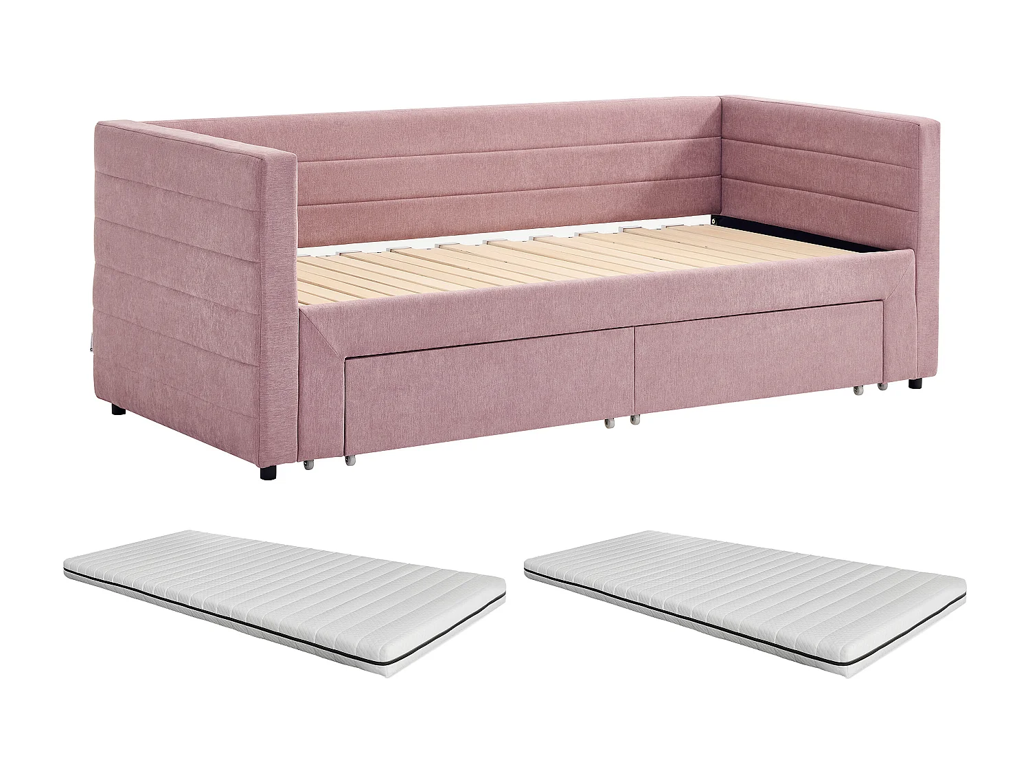 Lit banquette 2 x 80 x 200 cm - Avec sommier peigne et tiroirs - Tissu texturé - Rose + Matelas - CAMITY
