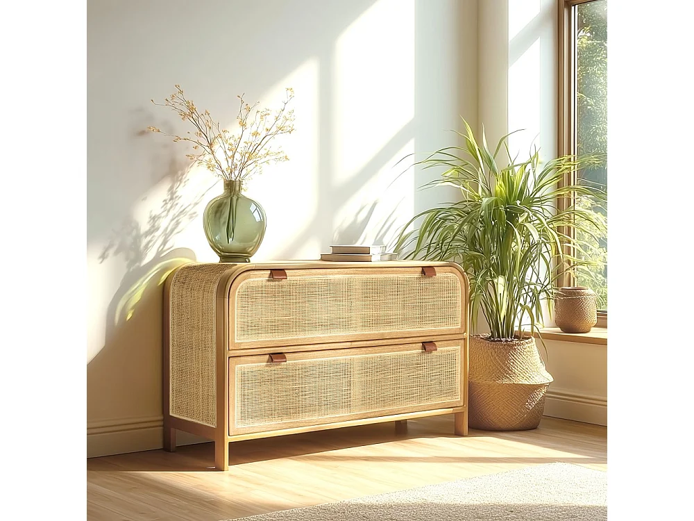 AMY - Commode forme arrondie en mindi et rotin naturel 2 tiroirs AMY