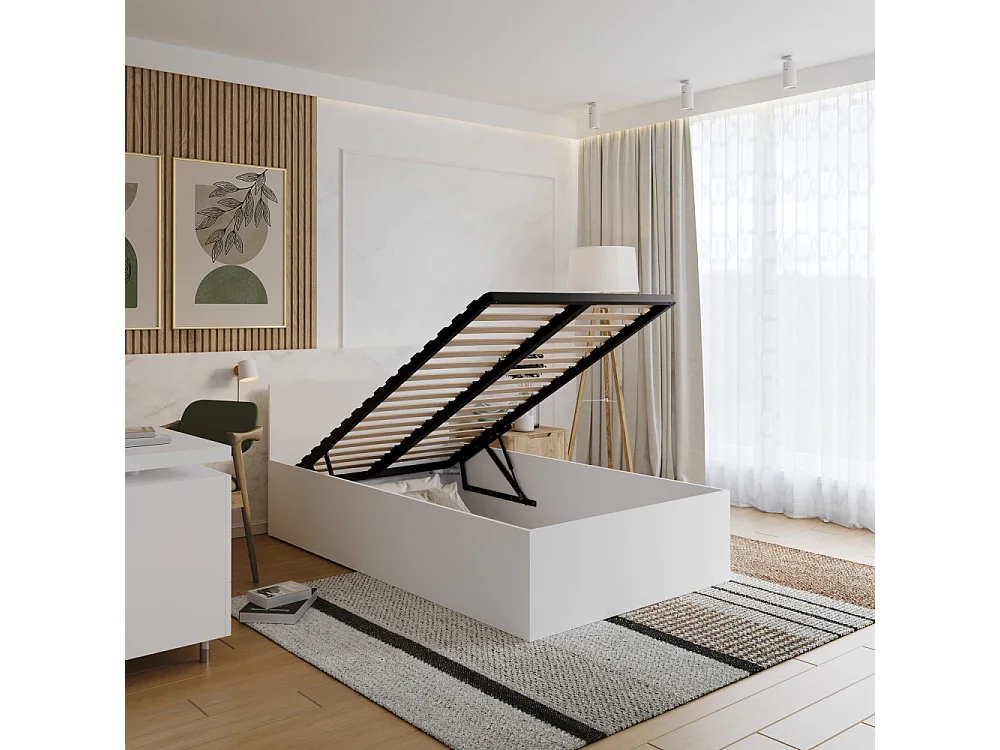 Lit coffre 120 x 190 cm Panama - Coffre de 670 Litres - Sommier inclus - Blanc