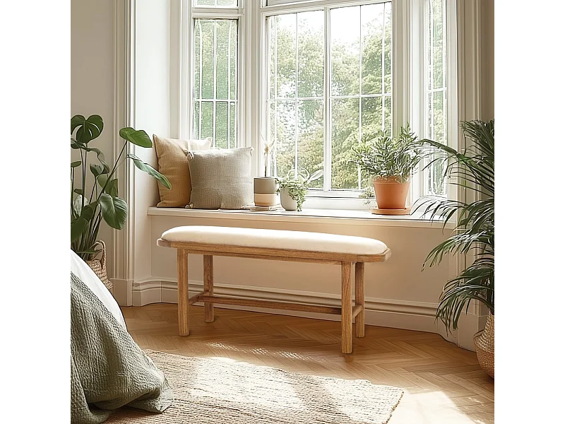 AMY - Banc 1 place avec coussin blanc en bois de mindi et rotin naturel AMY