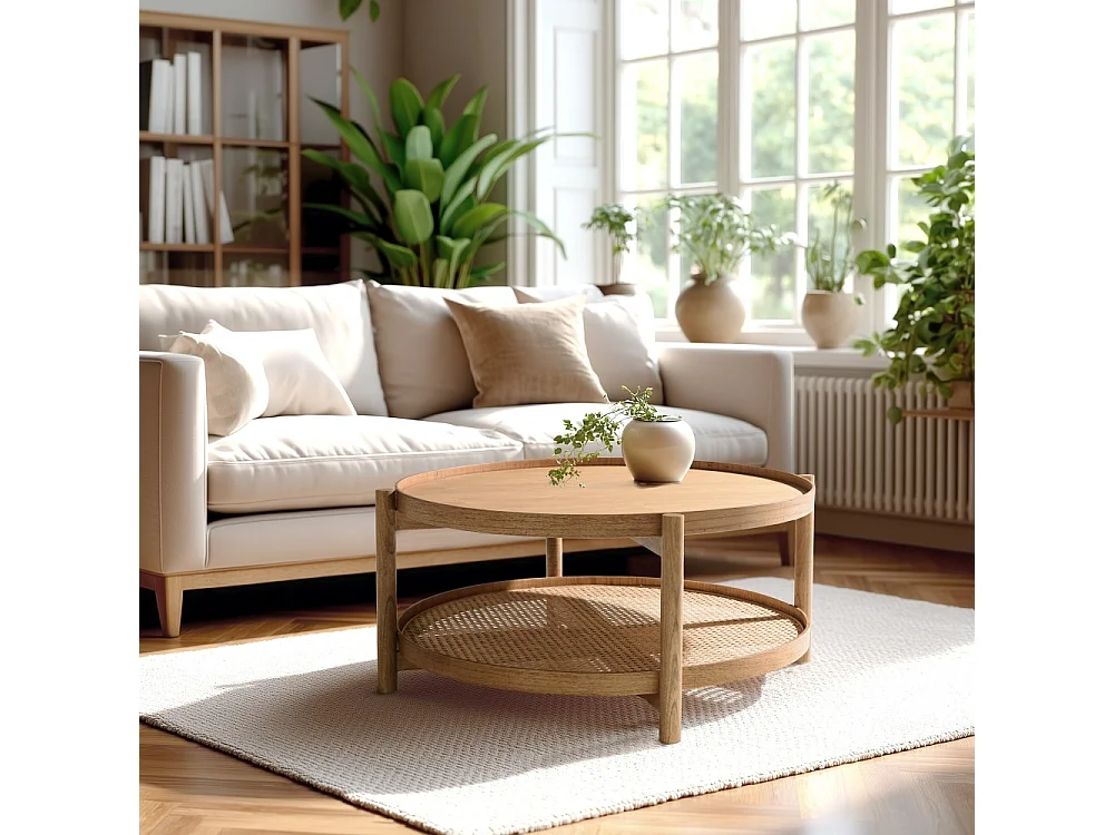 AMY - Table basse en bois de mindi 80.5m avec tablette en rotin naturel AMY