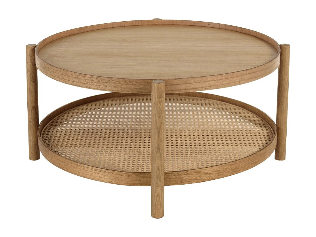 AMY - Table basse en bois de mindi 80.5m avec tablette en rotin naturel AMY