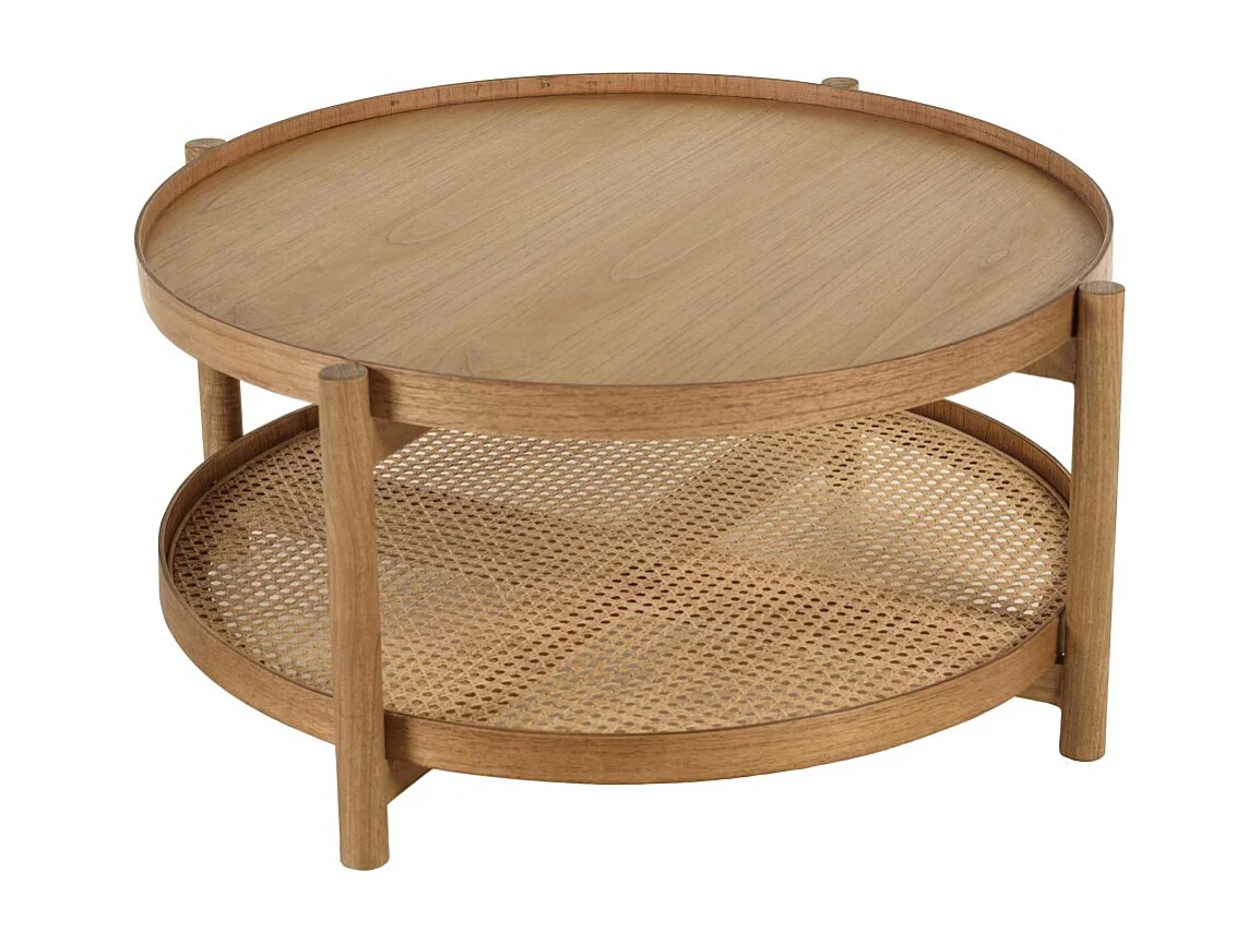 AMY - Table basse en bois de mindi 80.5m avec tablette en rotin naturel AMY