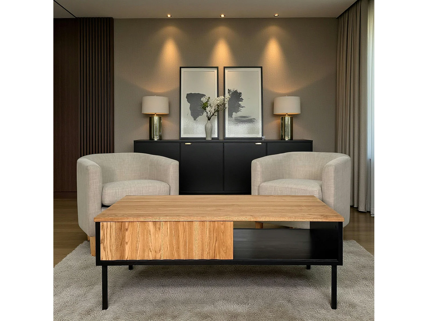 Table basse en bois bicolore avec façade ondulée TARAN