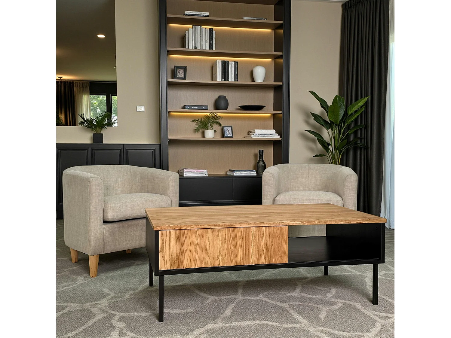 Table basse en bois bicolore avec façade ondulée TARAN