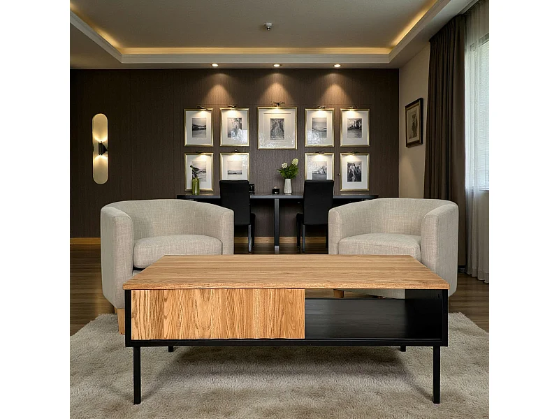 Table basse en bois bicolore avec façade ondulée TARAN