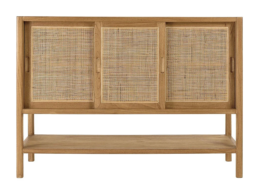 AMY - Buffet 2 étagères 3 portes coulissantes en mindi et rotin naturel AMY